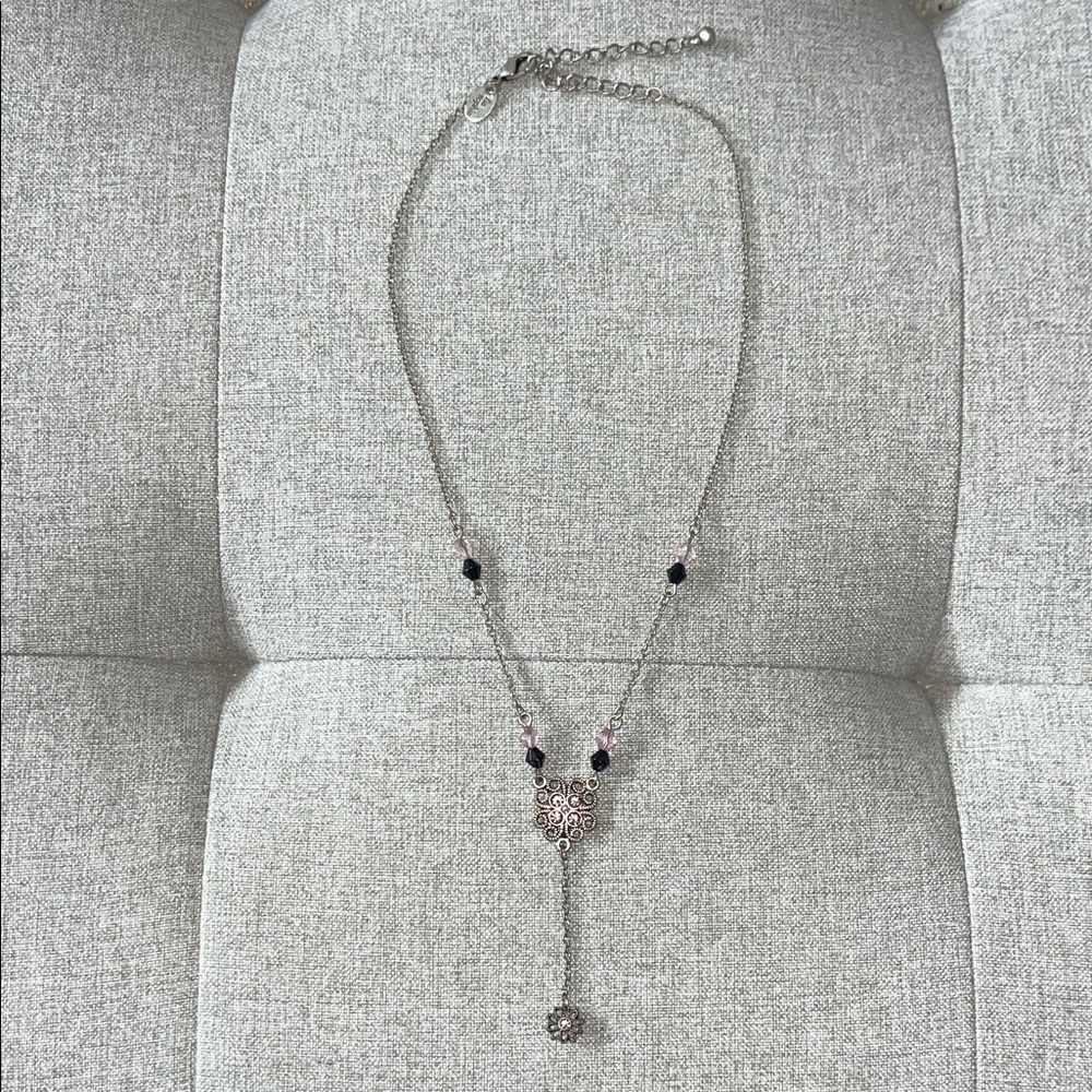 Lia Sophia elegant antique silver, pink, and black bead accent necklace. EUC